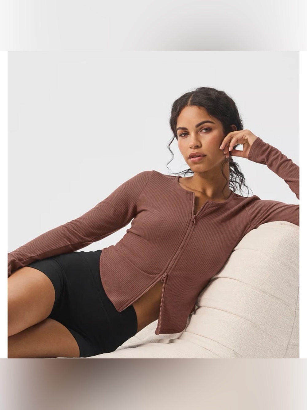 Alo stardust brown ribbed full zip long sleeve